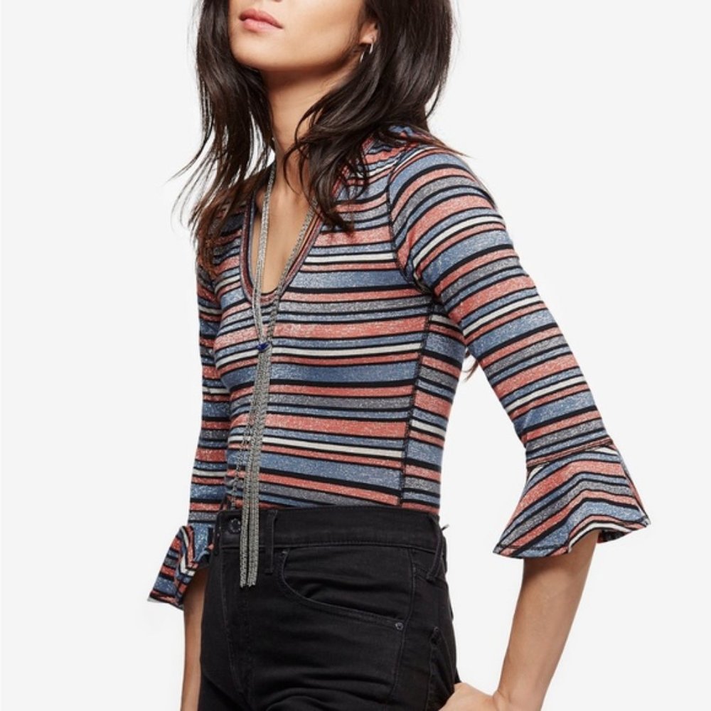 Free People Surprise Party Metallic Soft & Stretchy Scoop Neck Top - Size Small